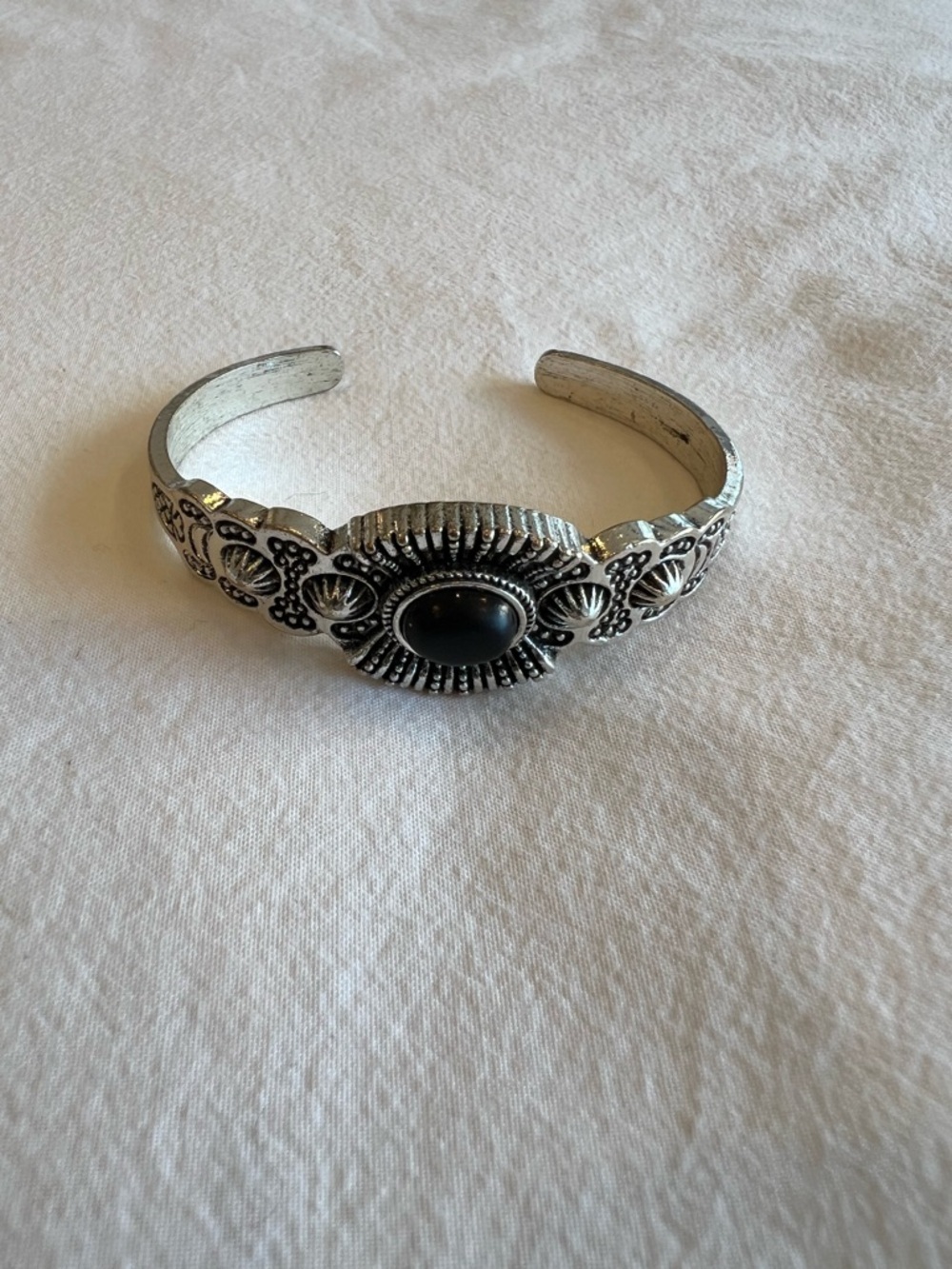Black Stone Silver-Tone South Western Cuff Bracelet